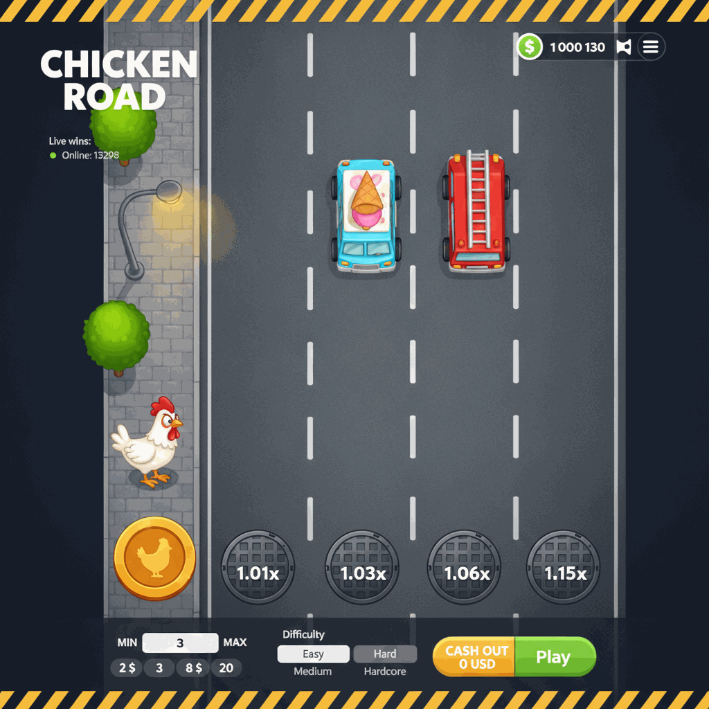 Schermata di gioco di Chicken Road che mostra un pollo cartoon bianco pronto ad attraversare una strada a più corsie vista dall'alto con indicatori di moltiplicatore su tombini grigi, stile visivo scuro con interfaccia tecnica, marcatori di corsia bianchi e elementi urbani decorativi come lampioni e alberi sul marciapiede di partenza